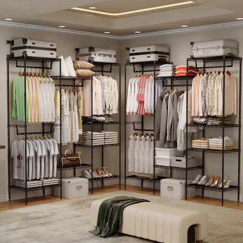 Acekool Appendiabiti in Metallo con 4 Aste Appendiabiti Regolabili e 8 Ripiani, Armadio Organizzatore per Vestiti, Scarpe e Accessori