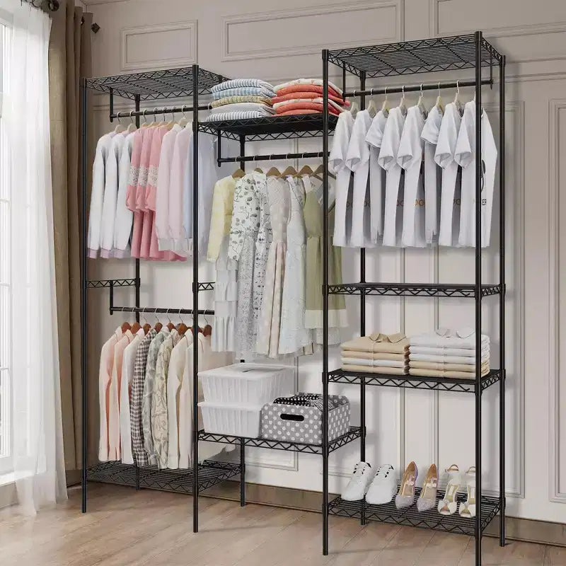 Acekool Appendiabiti in Metallo con 4 Aste Appendiabiti Regolabili e 8 Ripiani, Armadio Organizzatore per Vestiti, Scarpe e Accessori