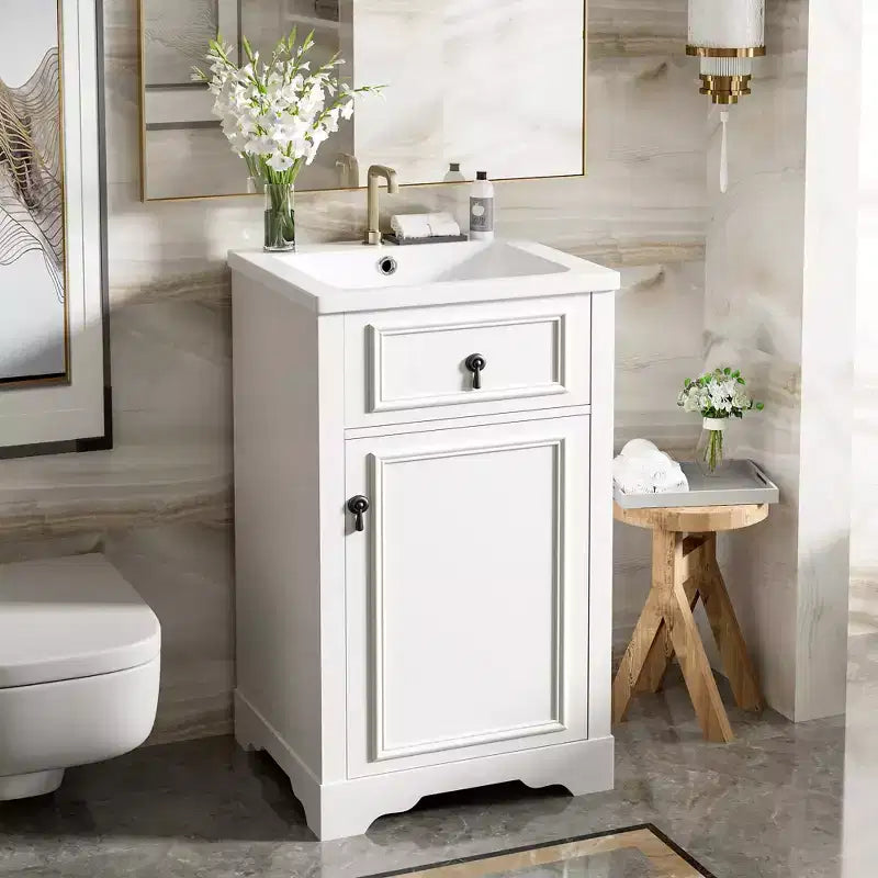 Mobiletto lavabo da bagno compatto da 20 pollici con cassetti, mobiletto da terra per bagno con ripiano e anta a chiusura ammortizzata
