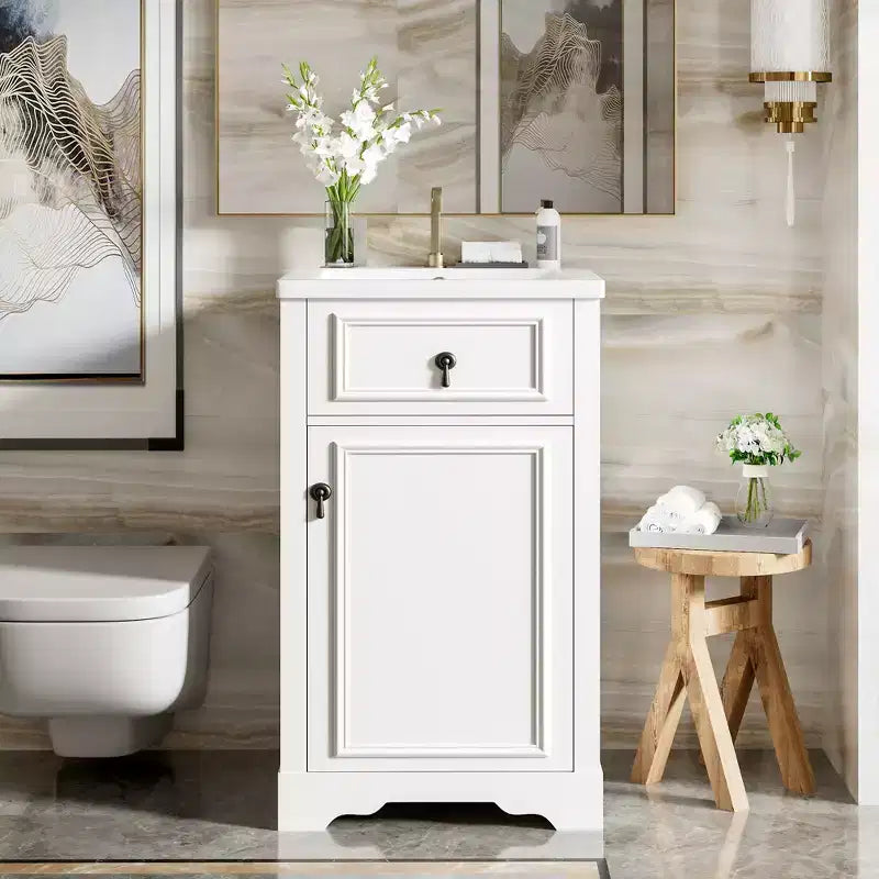 Mobiletto lavabo da bagno compatto da 20 pollici con cassetti, mobiletto da terra per bagno con ripiano e anta a chiusura ammortizzata