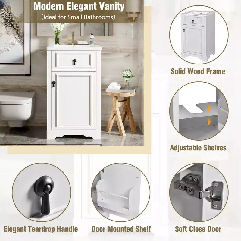 Mobiletto lavabo da bagno compatto da 20 pollici con cassetti, mobiletto da terra per bagno con ripiano e anta a chiusura ammortizzata
