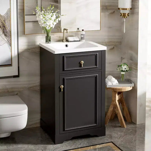 Mobiletto lavabo da bagno compatto da 20 pollici con cassetti, mobiletto da terra per bagno con ripiano e anta a chiusura ammortizzata