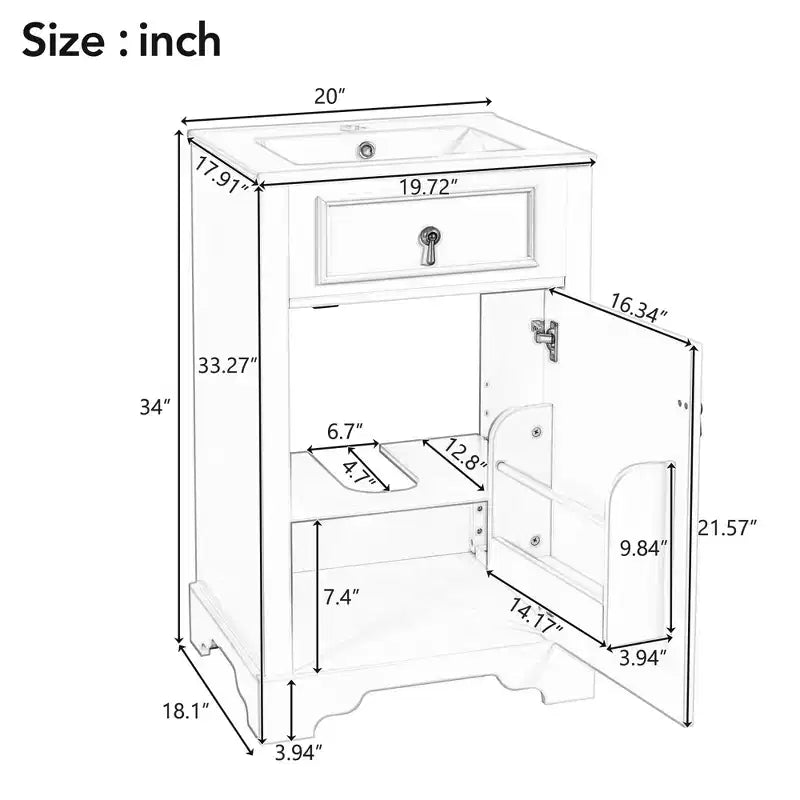 Mobiletto lavabo da bagno compatto da 20 pollici con cassetti, mobiletto da terra per bagno con ripiano e anta a chiusura ammortizzata