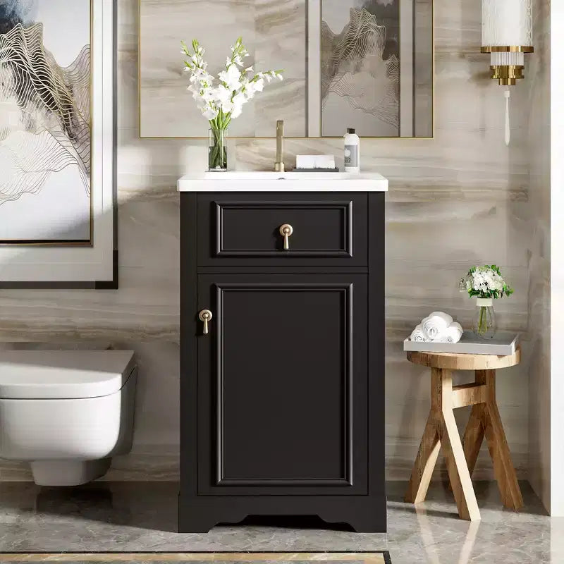 Mobiletto lavabo da bagno compatto da 20 pollici con cassetti, mobiletto da terra per bagno con ripiano e anta a chiusura ammortizzata