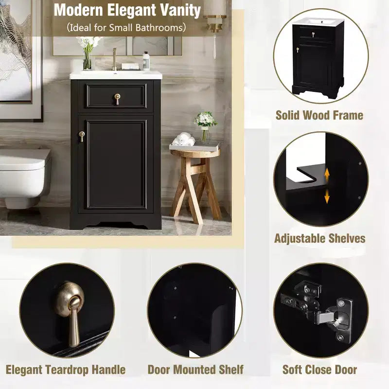 Mobiletto lavabo da bagno compatto da 20 pollici con cassetti, mobiletto da terra per bagno con ripiano e anta a chiusura ammortizzata