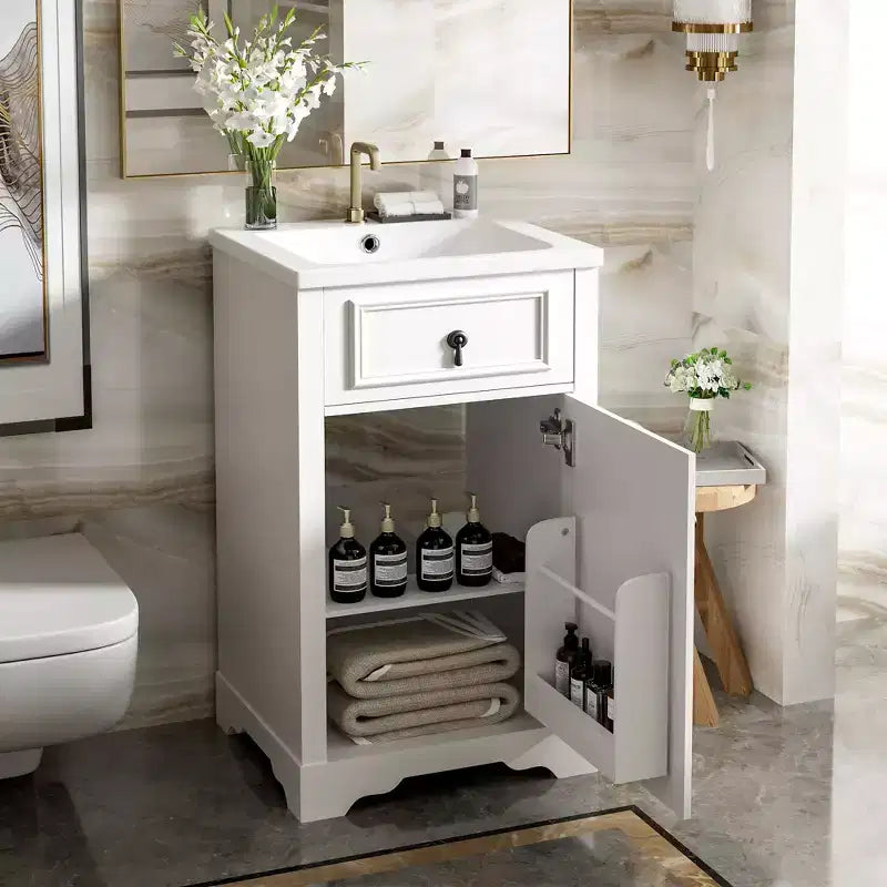 Mobiletto lavabo da bagno compatto da 20 pollici con cassetti, mobiletto da terra per bagno con ripiano e anta a chiusura ammortizzata