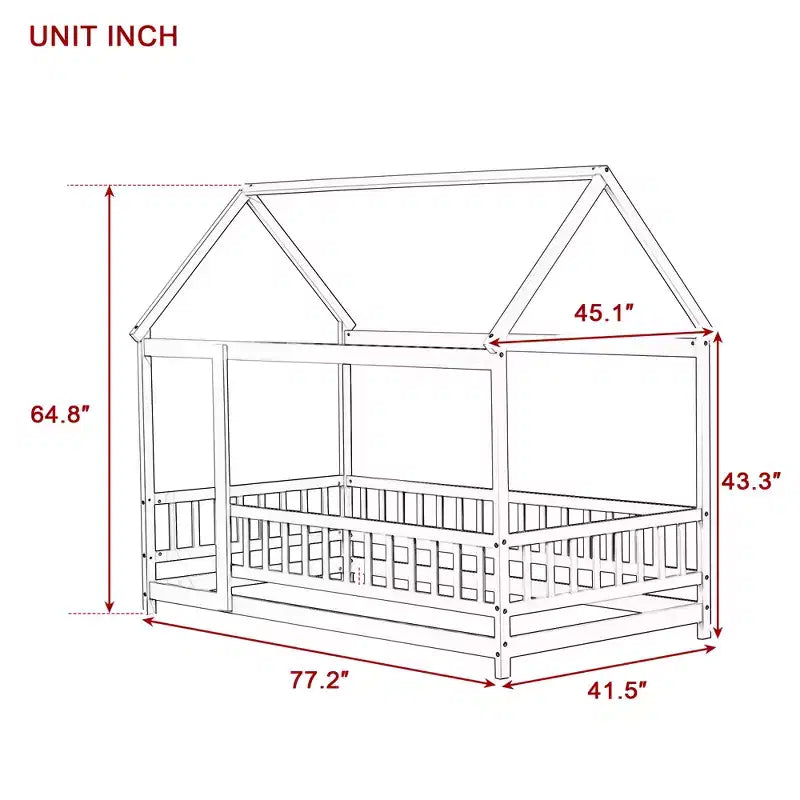 Bellemave Letto a capanna singolo a pavimento con sponde di sicurezza, struttura in legno di gomma con design Montessori e infantile, grigio