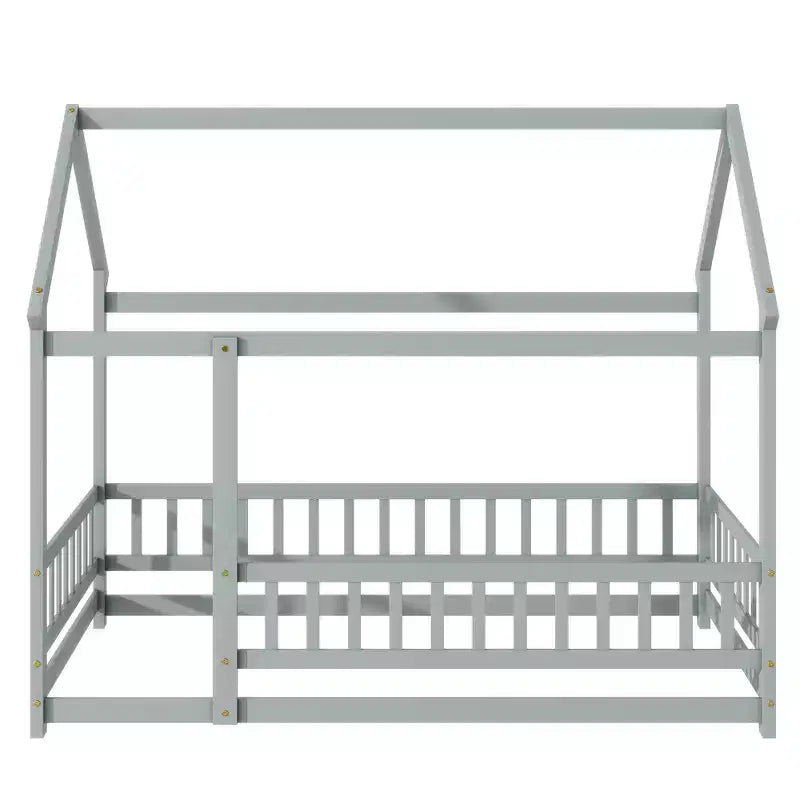 Bellemave Letto a capanna singolo a pavimento con sponde di sicurezza, struttura in legno di gomma con design Montessori e infantile, grigio