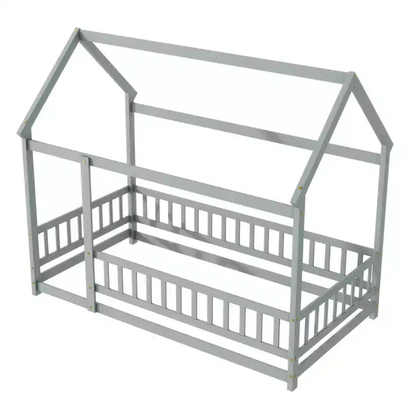 Bellemave Letto a capanna singolo a pavimento con sponde di sicurezza, struttura in legno di gomma con design Montessori e infantile, grigio
