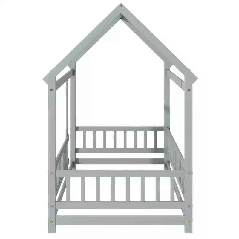 Bellemave Letto a capanna singolo a pavimento con sponde di sicurezza, struttura in legno di gomma con design Montessori e infantile, grigio