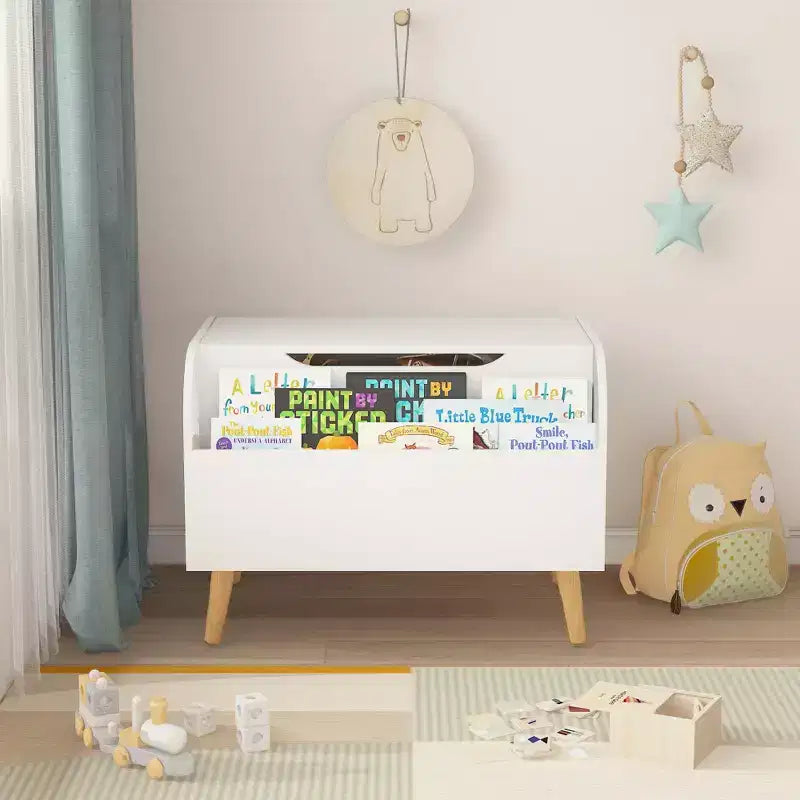 Cassa portagiochi in legno, contenitore per giocattoli per bambini con libreria frontale, coperchio a cerniera, cerniera di sicurezza, panca contenitore per giocattoli per bambini e bambine per sala giochi o cameretta