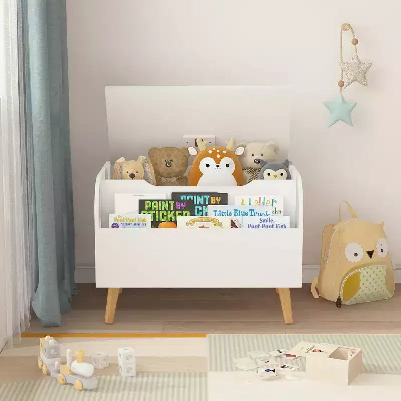 Cassa portagiochi in legno, contenitore per giocattoli per bambini con libreria frontale, coperchio a cerniera, cerniera di sicurezza, panca contenitore per giocattoli per bambini e bambine per sala giochi o cameretta