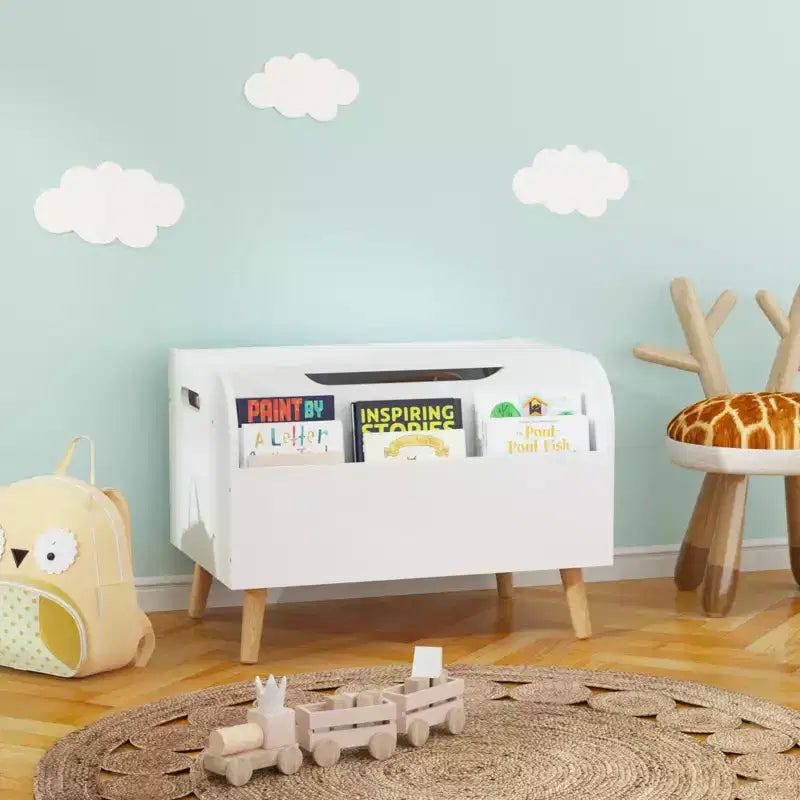 Cassa portagiochi in legno, contenitore per giocattoli per bambini con libreria frontale, coperchio a cerniera, cerniera di sicurezza, panca contenitore per giocattoli per bambini e bambine per sala giochi o cameretta
