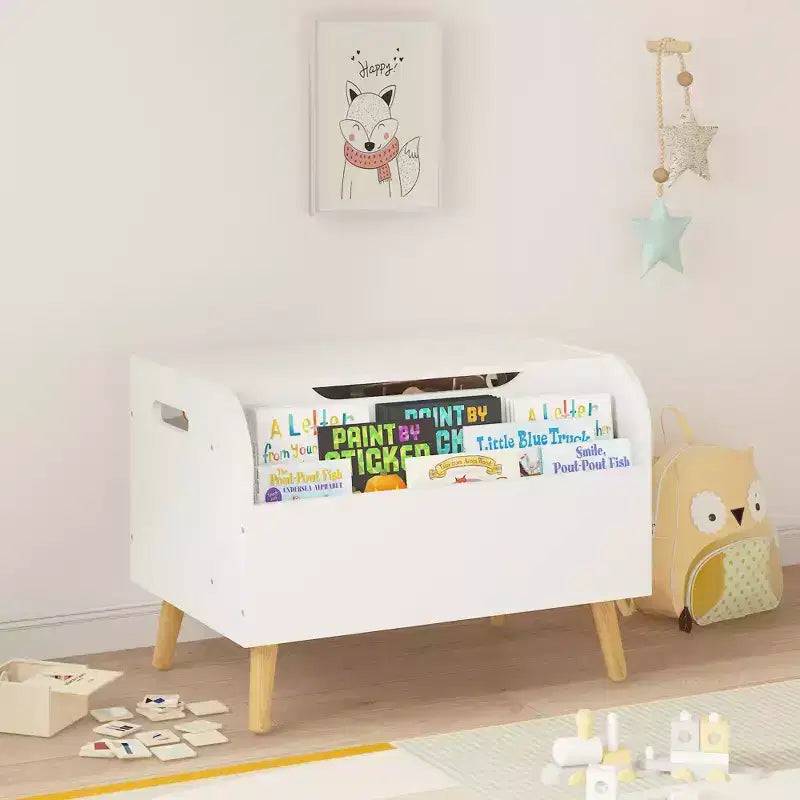 Cassa portagiochi in legno, contenitore per giocattoli per bambini con libreria frontale, coperchio a cerniera, cerniera di sicurezza, panca contenitore per giocattoli per bambini e bambine per sala giochi o cameretta