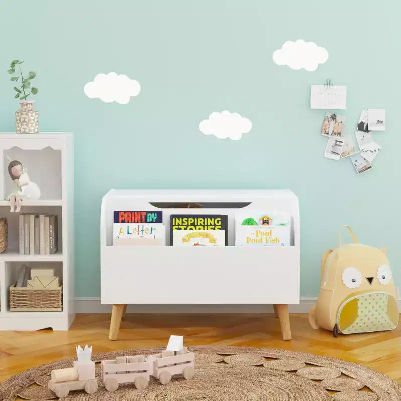 Cassa portagiochi in legno, contenitore per giocattoli per bambini con libreria frontale, coperchio a cerniera, cerniera di sicurezza, panca contenitore per giocattoli per bambini e bambine per sala giochi o cameretta