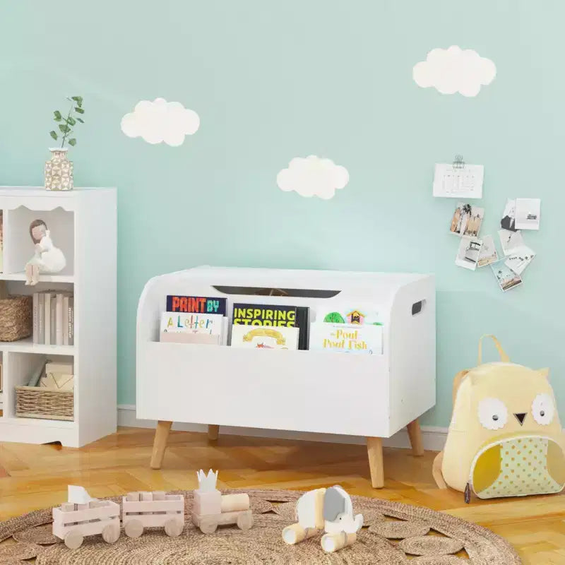 Cassa portagiochi in legno, contenitore per giocattoli per bambini con libreria frontale, coperchio a cerniera, cerniera di sicurezza, panca contenitore per giocattoli per bambini e bambine per sala giochi o cameretta