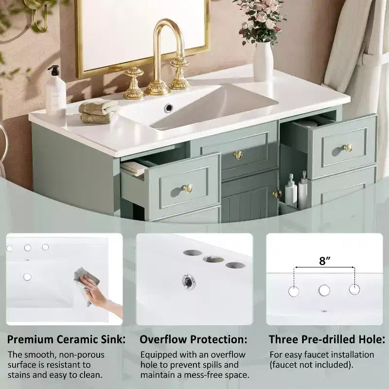 Mobile bagno verde da 91 cm con lavabo, mobiletto da bagno con cassetti e ripiano regolabile