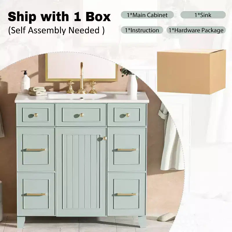 Mobile bagno verde da 91 cm con lavabo, mobiletto da bagno con cassetti e ripiano regolabile