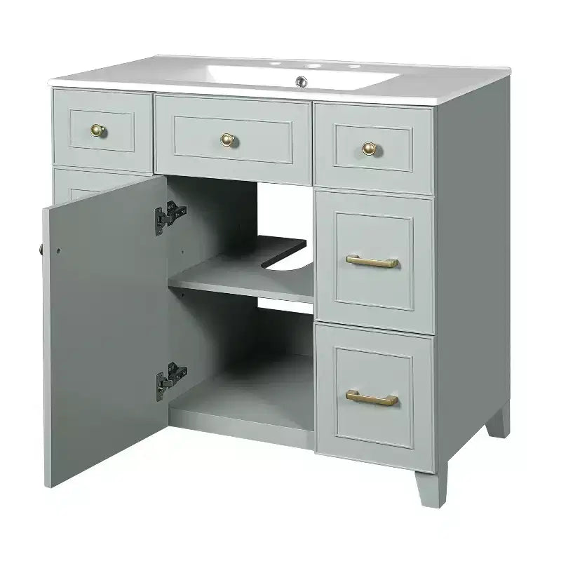 Mobile bagno verde da 91 cm con lavabo, mobiletto da bagno con cassetti e ripiano regolabile