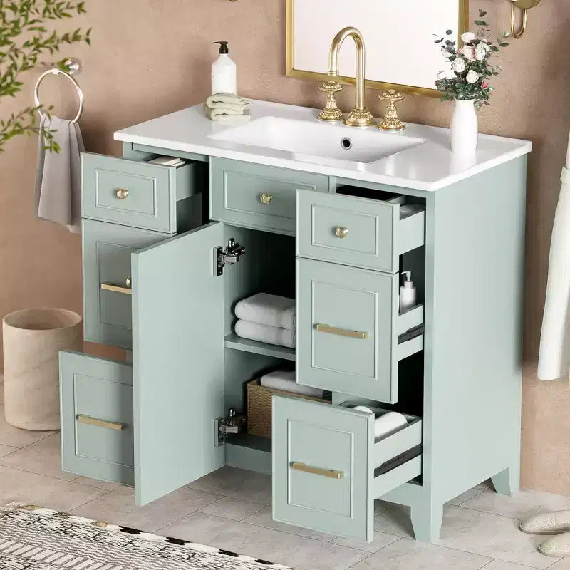 Mobile bagno verde da 91 cm con lavabo, mobiletto da bagno con cassetti e ripiano regolabile
