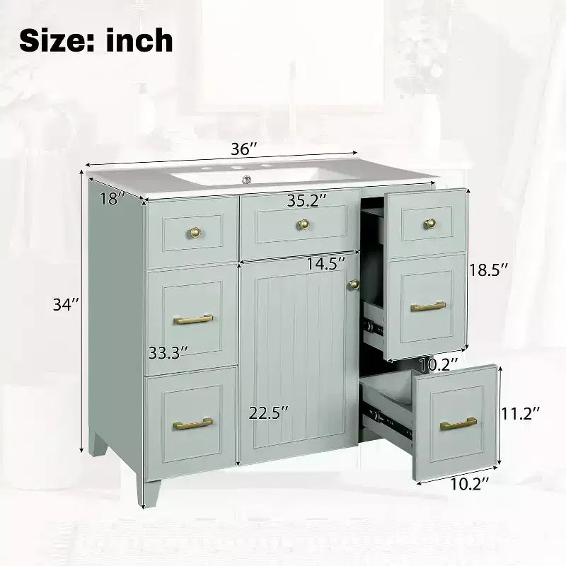Mobile bagno verde da 91 cm con lavabo, mobiletto da bagno con cassetti e ripiano regolabile