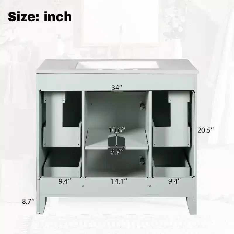 Mobile bagno verde da 91 cm con lavabo, mobiletto da bagno con cassetti e ripiano regolabile