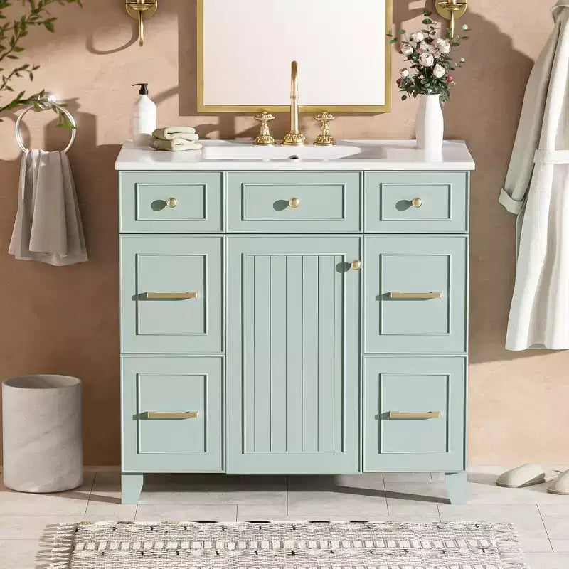 Mobile bagno verde da 91 cm con lavabo, mobiletto da bagno con cassetti e ripiano regolabile