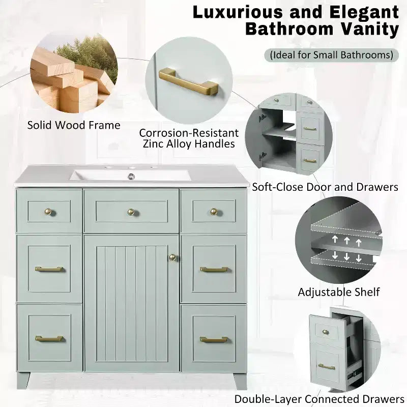Mobile bagno verde da 91 cm con lavabo, mobiletto da bagno con cassetti e ripiano regolabile
