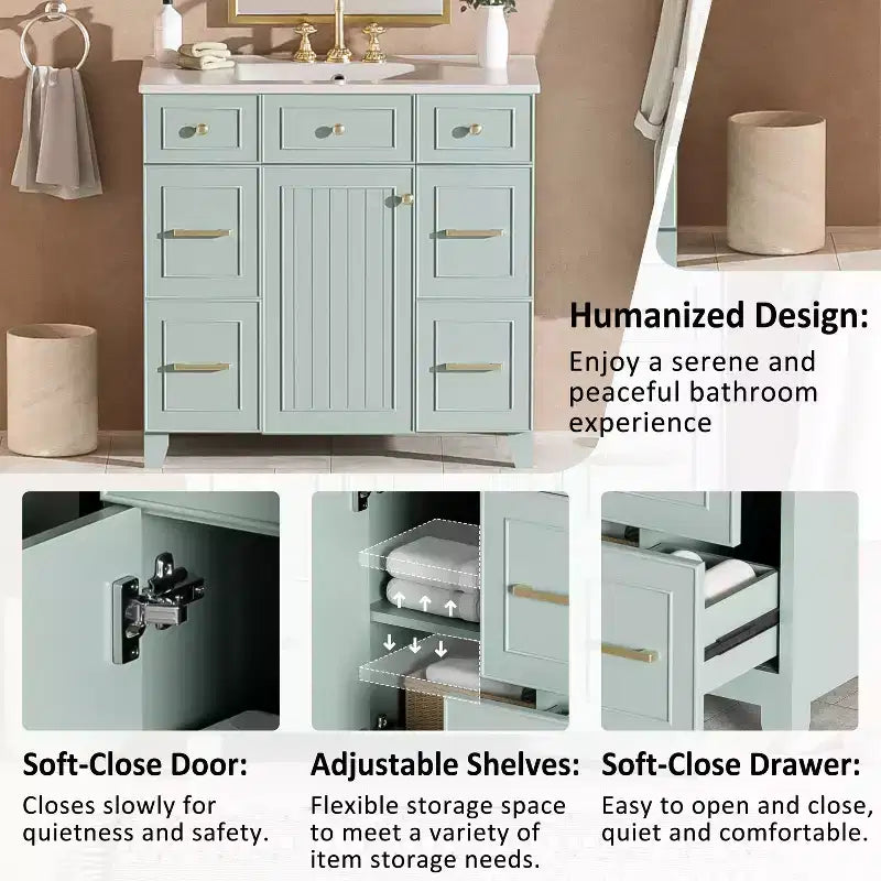 Mobile bagno verde da 91 cm con lavabo, mobiletto da bagno con cassetti e ripiano regolabile