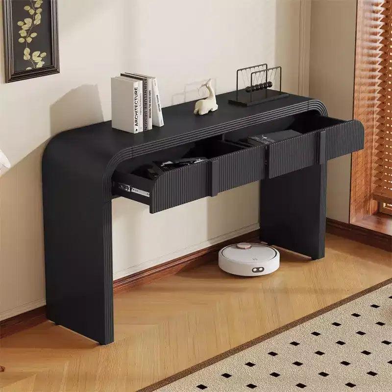 55 Tavolo console moderno lucido, credenza arrotondata con 3 cassetti, per ingresso, soggiorno, sala da pranzo