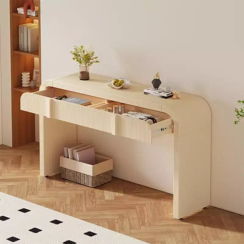 55 Tavolo console moderno lucido, credenza arrotondata con 3 cassetti, per ingresso, soggiorno, sala da pranzo