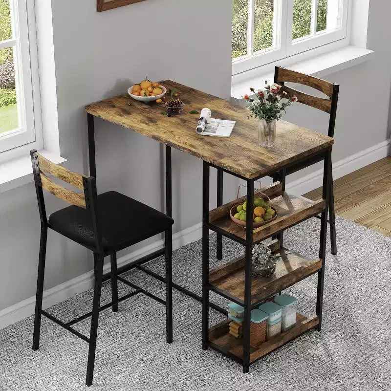 Set da Tavolo da Cucina Acekool 3 Pezzi con Ripiani Contenitori e 2 Sedie Imbottite, Tavolo da Pranzo Salvaspazio per Piccoli Ambienti