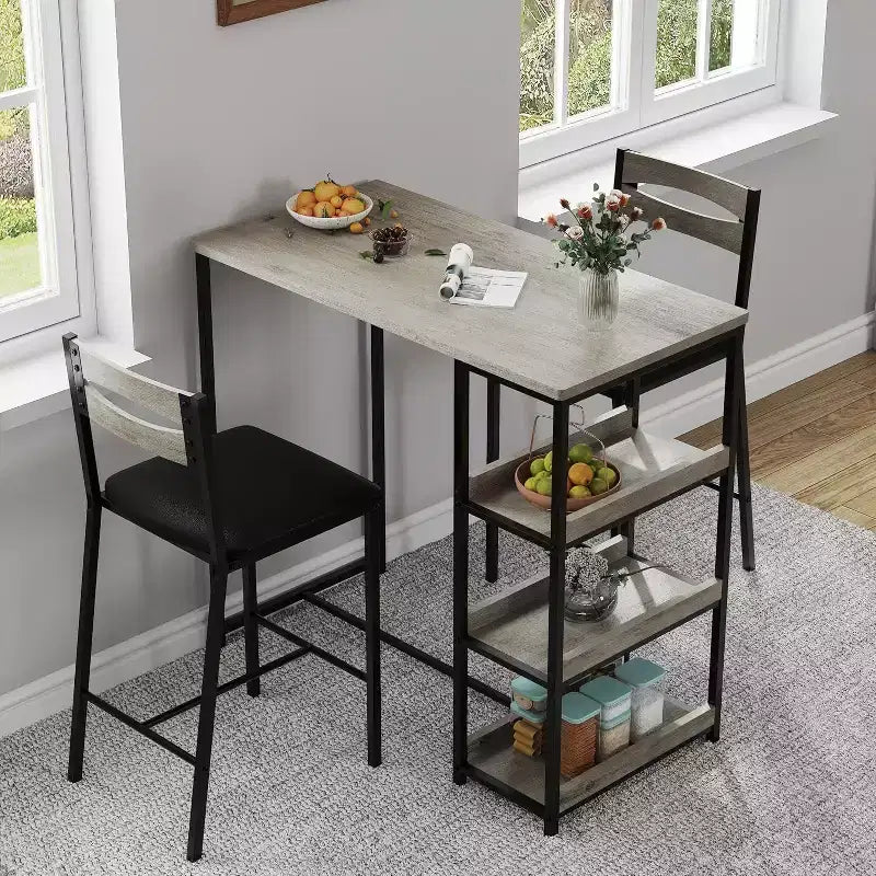 Set da Tavolo da Cucina Acekool 3 Pezzi con Ripiani Contenitori e 2 Sedie Imbottite, Tavolo da Pranzo Salvaspazio per Piccoli Ambienti