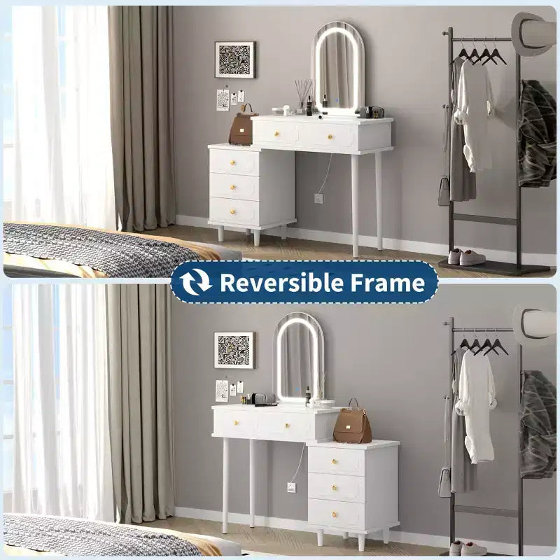 Toeletta da Trucco con Luci e Specchio, Tavolo da Trucco Moderno con 2 Cassetti e Mobiletto a 3 Cassetti, Specchiera in Legno con Illuminazione a LED Regolabile per Camera da Letto