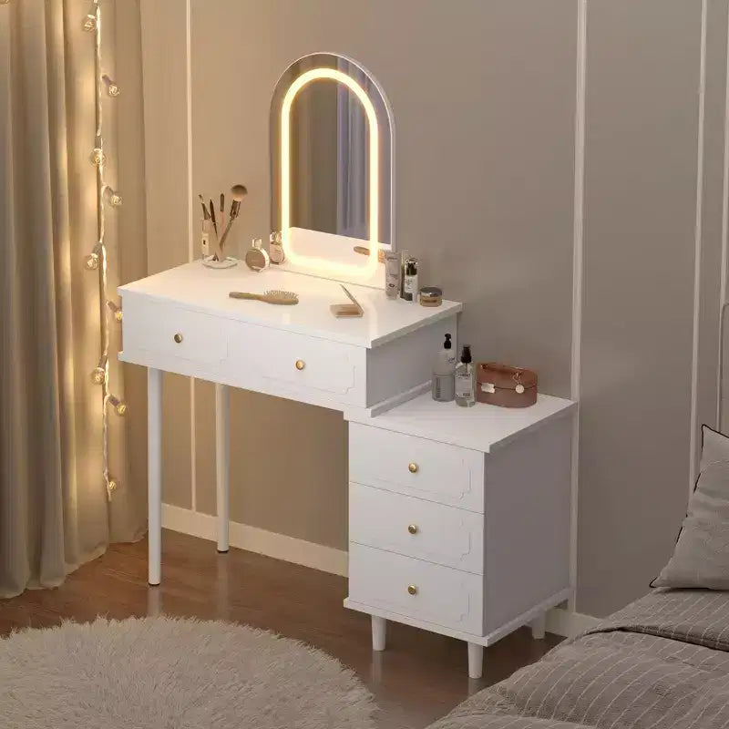 Toeletta da Trucco con Luci e Specchio, Tavolo da Trucco Moderno con 2 Cassetti e Mobiletto a 3 Cassetti, Specchiera in Legno con Illuminazione a LED Regolabile per Camera da Letto