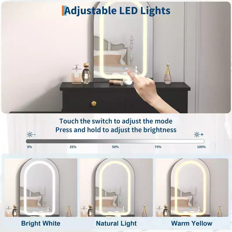 Toeletta da Trucco con Luci e Specchio, Tavolo da Trucco Moderno con 2 Cassetti e Mobiletto a 3 Cassetti, Specchiera in Legno con Illuminazione a LED Regolabile per Camera da Letto