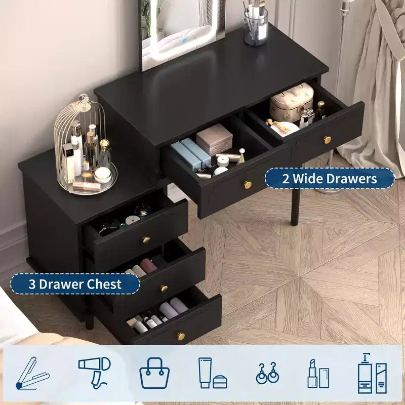 Toeletta da Trucco con Luci e Specchio, Tavolo da Trucco Moderno con 2 Cassetti e Mobiletto a 3 Cassetti, Specchiera in Legno con Illuminazione a LED Regolabile per Camera da Letto