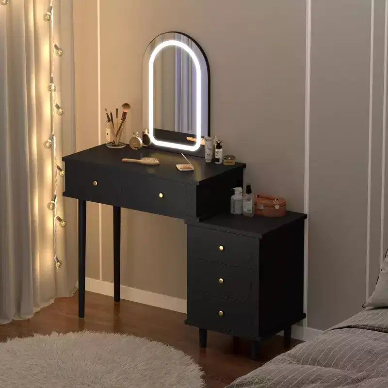 Toeletta da Trucco con Luci e Specchio, Tavolo da Trucco Moderno con 2 Cassetti e Mobiletto a 3 Cassetti, Specchiera in Legno con Illuminazione a LED Regolabile per Camera da Letto