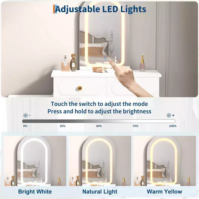 Toeletta da Trucco con Luci e Specchio, Tavolo da Trucco Moderno con 2 Cassetti e Mobiletto a 3 Cassetti, Specchiera in Legno con Illuminazione a LED Regolabile per Camera da Letto