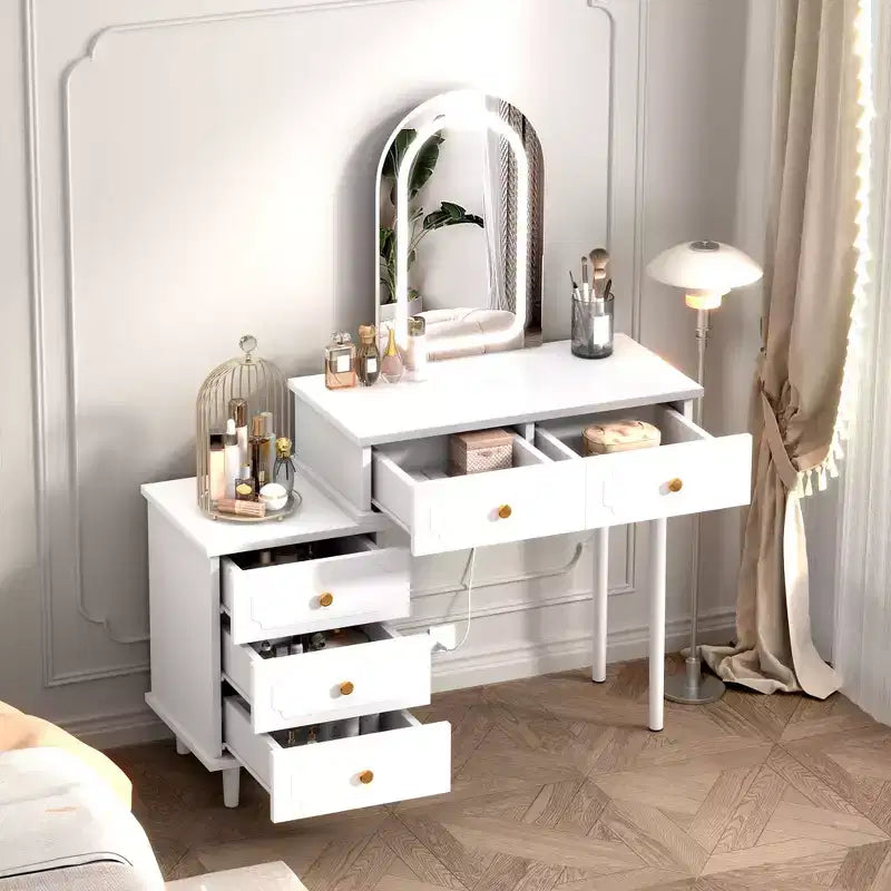 Toeletta da Trucco con Luci e Specchio, Tavolo da Trucco Moderno con 2 Cassetti e Mobiletto a 3 Cassetti, Specchiera in Legno con Illuminazione a LED Regolabile per Camera da Letto