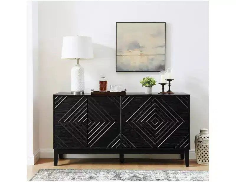60 Modern Storage Sideboard Cabinet, Console Table TV Stand with Geometric Pattern Doors & Adjustable Shelves, Buffet Coffee Bar Table for Kitchen
