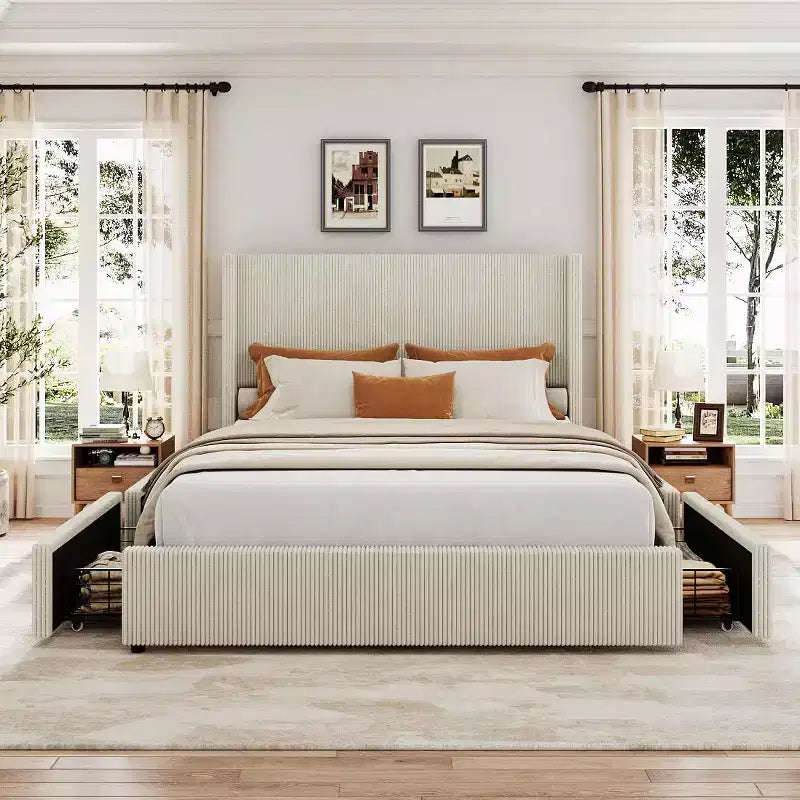 Letto Matrimoniale King Size con Struttura e Cassetti Contenitore, Base Imbottita in Velluto a Coste con Testiera Trapuntata e Schienale ad Ali, Nessuna Molla Necessaria, Beige