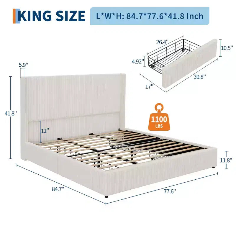 Letto Matrimoniale King Size con Struttura e Cassetti Contenitore, Base Imbottita in Velluto a Coste con Testiera Trapuntata e Schienale ad Ali, Nessuna Molla Necessaria, Beige