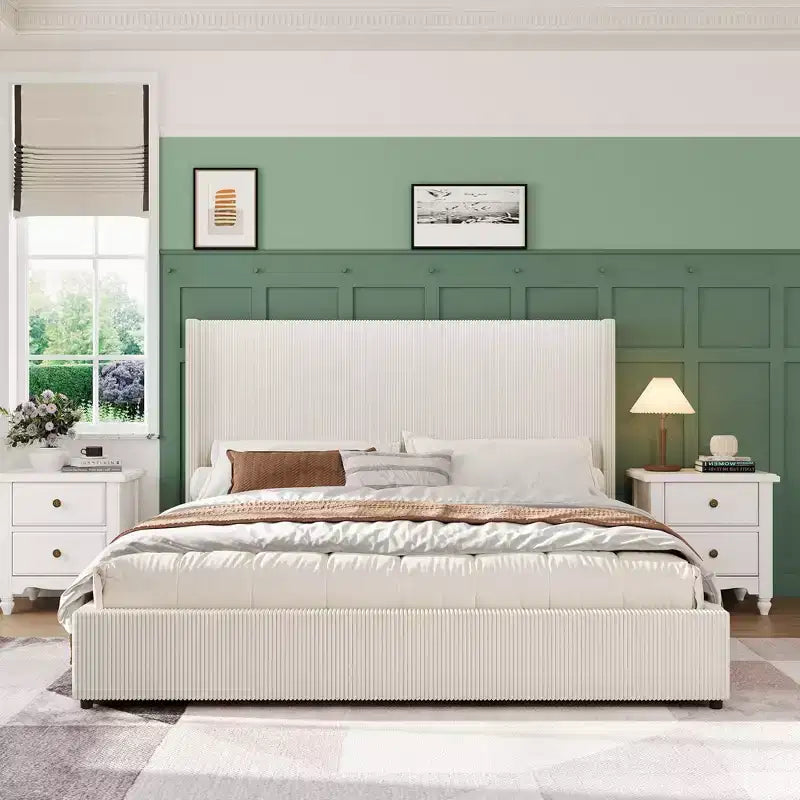 Letto Matrimoniale King Size con Struttura e Cassetti Contenitore, Base Imbottita in Velluto a Coste con Testiera Trapuntata e Schienale ad Ali, Nessuna Molla Necessaria, Beige