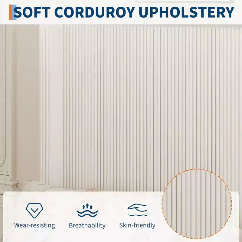 Letto Matrimoniale King Size con Struttura e Cassetti Contenitore, Base Imbottita in Velluto a Coste con Testiera Trapuntata e Schienale ad Ali, Nessuna Molla Necessaria, Beige