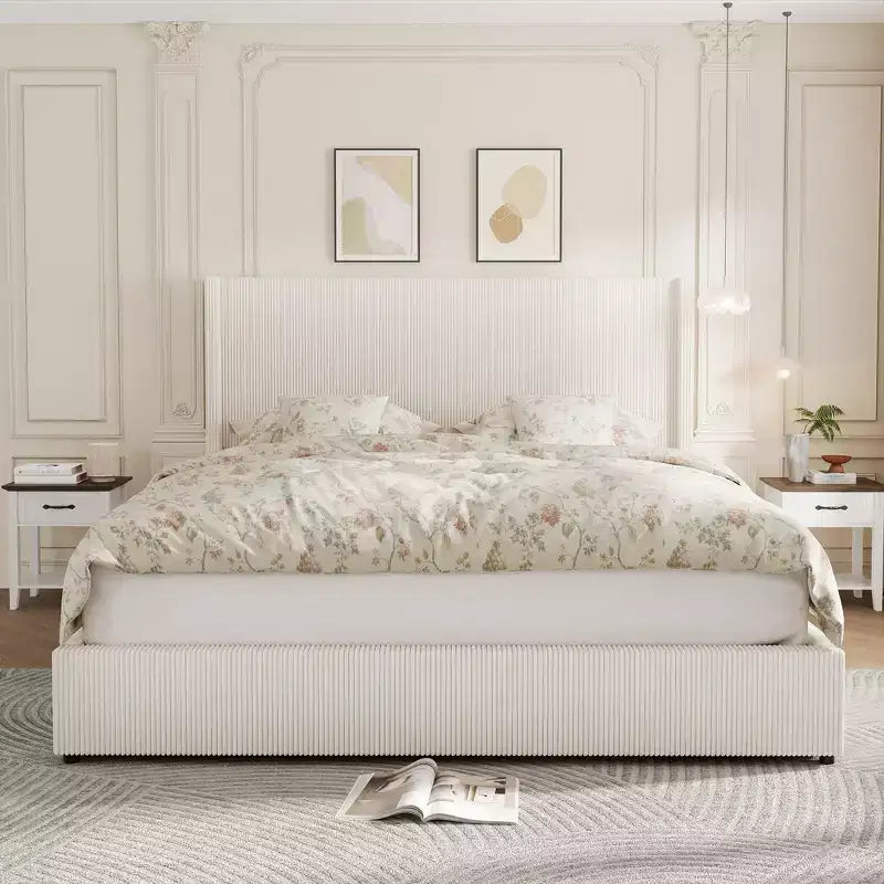 Letto Matrimoniale King Size con Struttura e Cassetti Contenitore, Base Imbottita in Velluto a Coste con Testiera Trapuntata e Schienale ad Ali, Nessuna Molla Necessaria, Beige