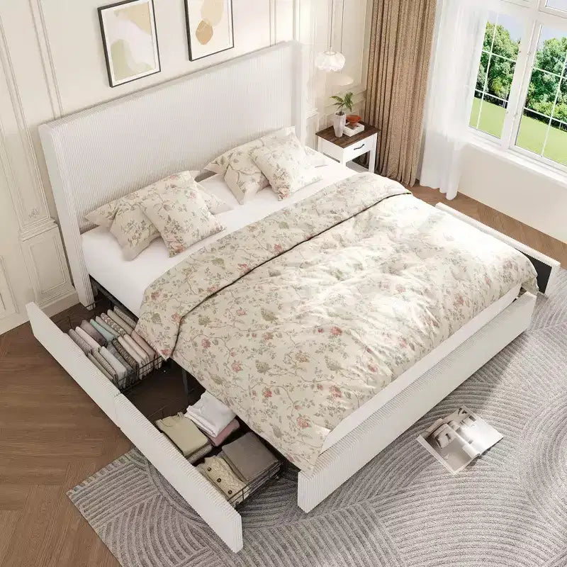 Letto Matrimoniale King Size con Struttura e Cassetti Contenitore, Base Imbottita in Velluto a Coste con Testiera Trapuntata e Schienale ad Ali, Nessuna Molla Necessaria, Beige