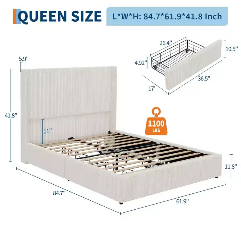Letto Matrimoniale King Size con Struttura e Cassetti Contenitore, Base Imbottita in Velluto a Coste con Testiera Trapuntata e Schienale ad Ali, Nessuna Molla Necessaria, Beige