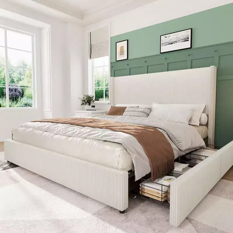 King Size Bed Frame with Storage Drawers, Corduroy Upholstered Platform with Wingback and Tufted Headboard, No Box Spring Needed, Beige