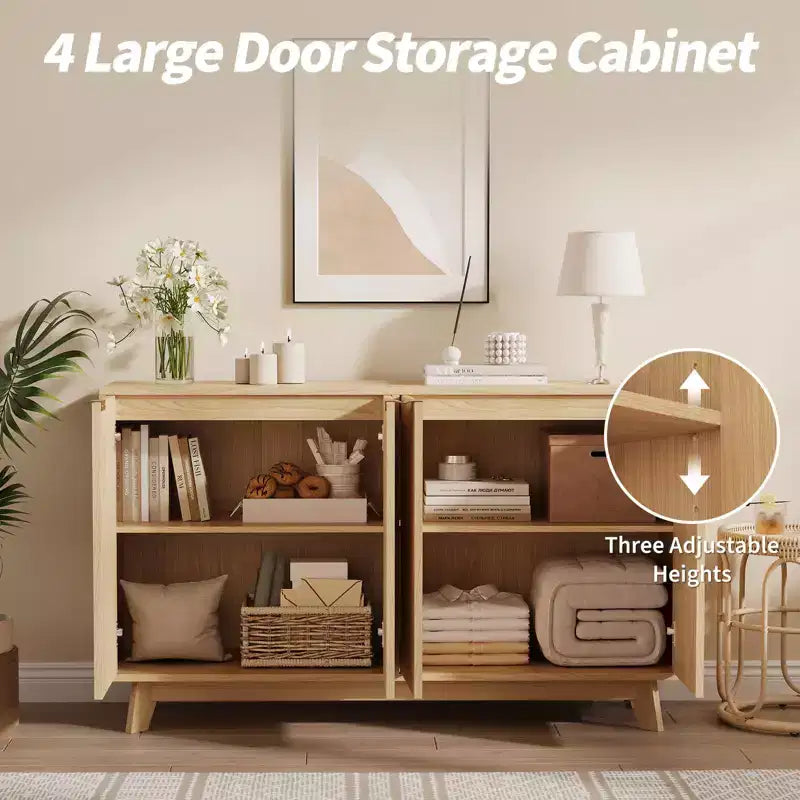 Credenza moderna in legno scanalato con 4 ante, ripiani regolabili, mobile contenitore versatile per soggiorno, sala da pranzo, ingresso
